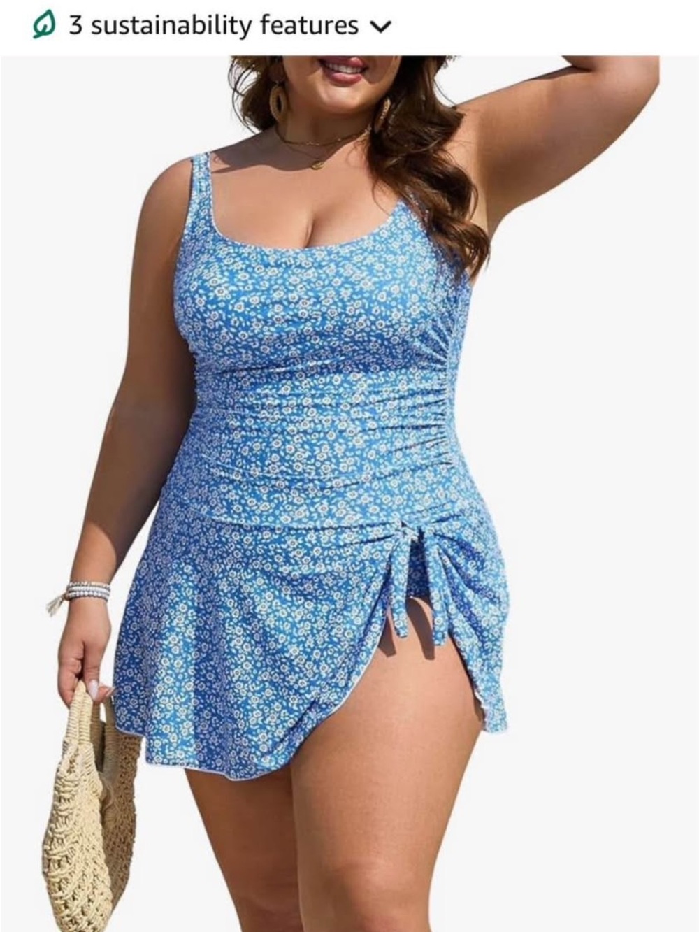 Blue Floral Ruched Swimdress with Side Tie womens plus size swim